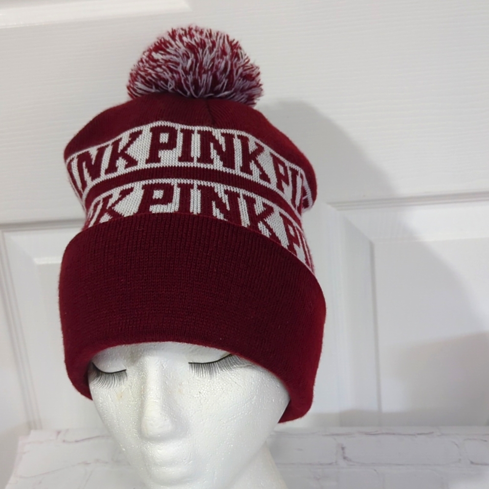 EUC PINK BEANIE POM POM HAT , BURGANDY